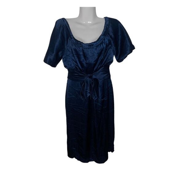 BCBG Paris Navy Blue Satin like Dress tie cinched waist knee length Size 2 - Picture 3 of 4